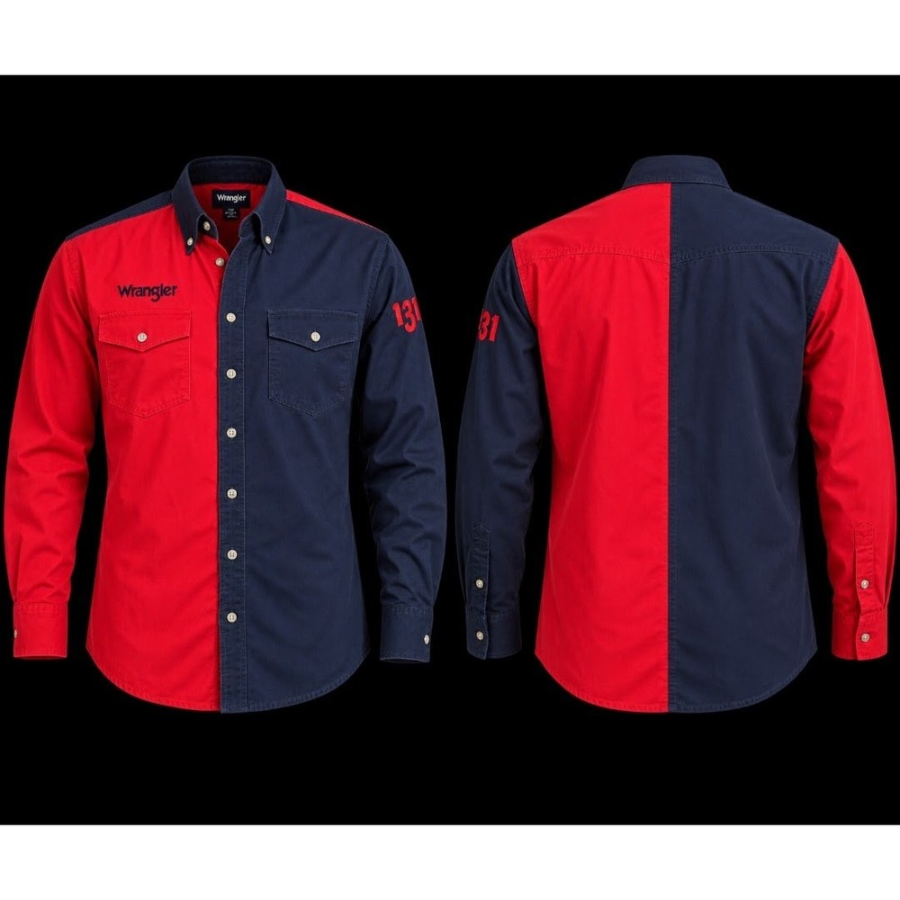 Wrangler Western Shirt Mens Medium Red Navy Blue Split Color Block Button Down